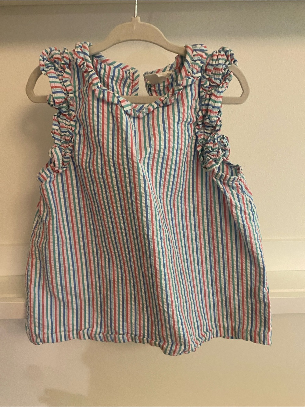 Crewcuts Striped Ruffle Sleeve Tank - Blue, Pink & Green